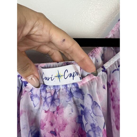 Cari Capri Floral Print Barbados Mini Dress Size XS Ruffle Purple Off Shoulder - Picture 7 of 9